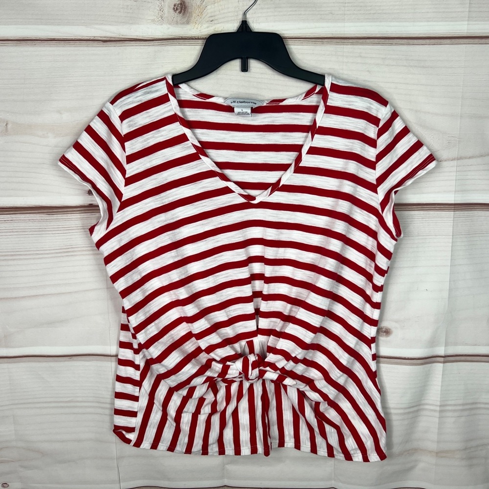 Liz Claiborne Top Womens L Red Stripe T-Shirt Cotton Blend V-Neck Tie Front Knit